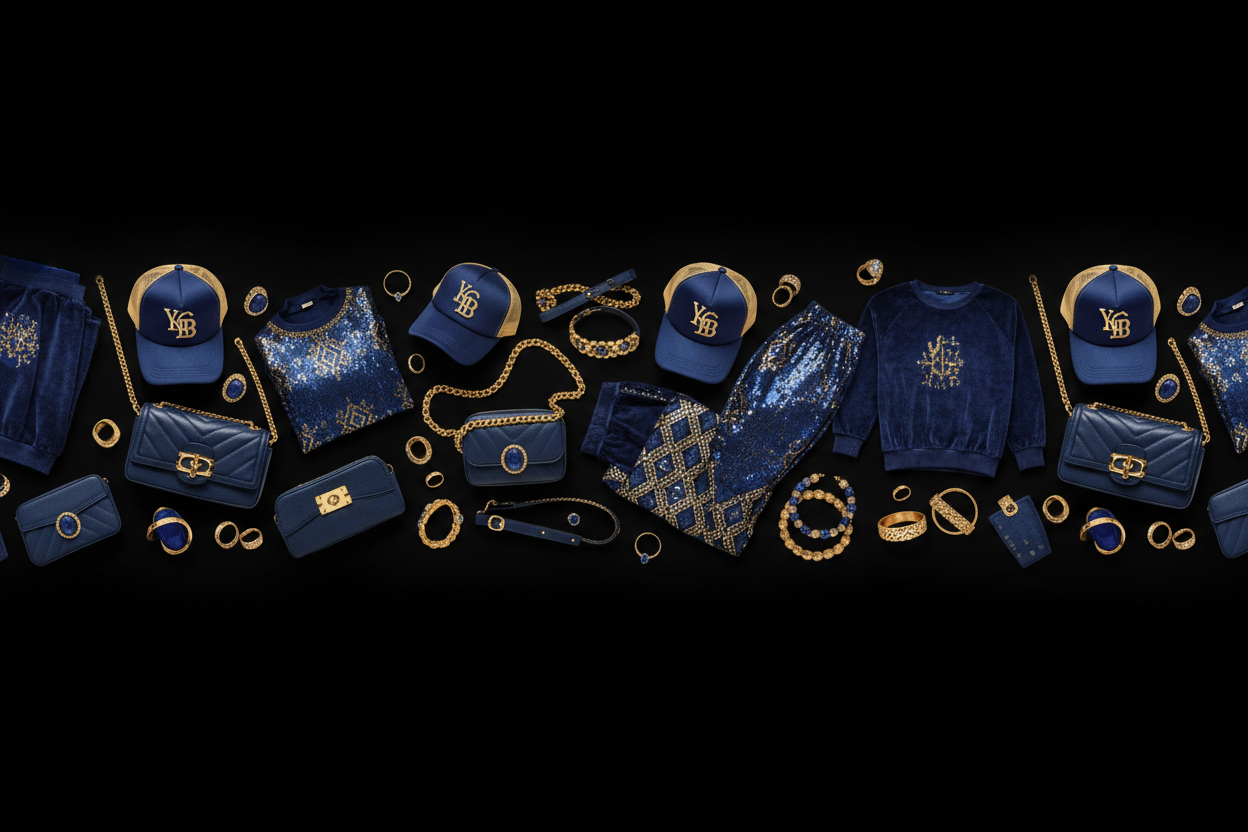 A long and wide blue and gold pic with a black background of clothes think trucker hats, crossbody bags, jewelry and two pice legging sets